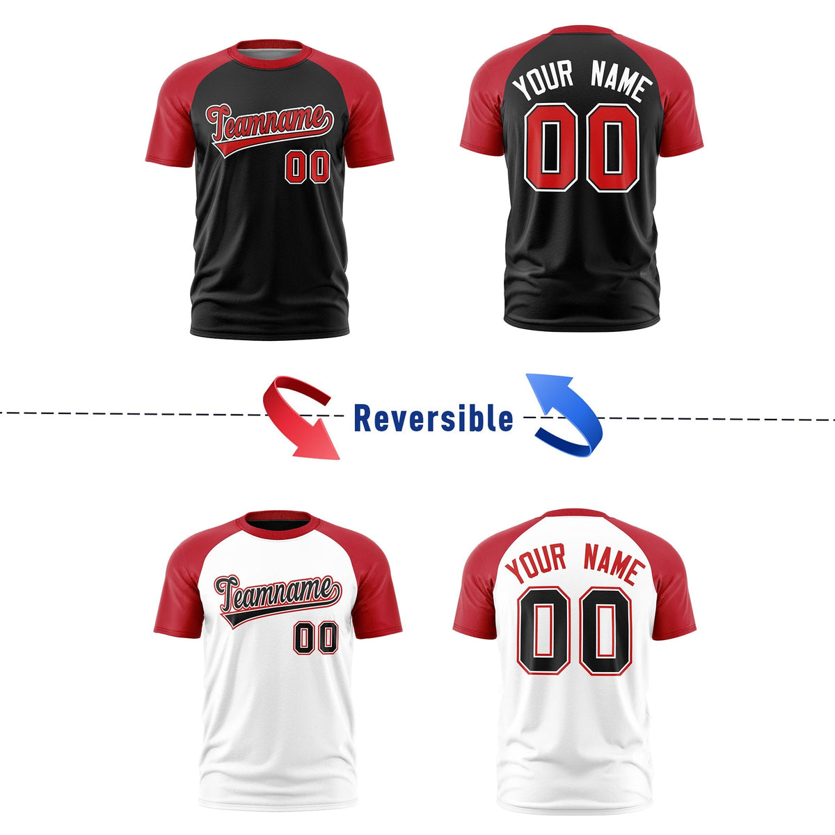 Custom Red Black White Reversible Raglan Sleeves Moisture-Wicking T-shirt| KXKSHOP