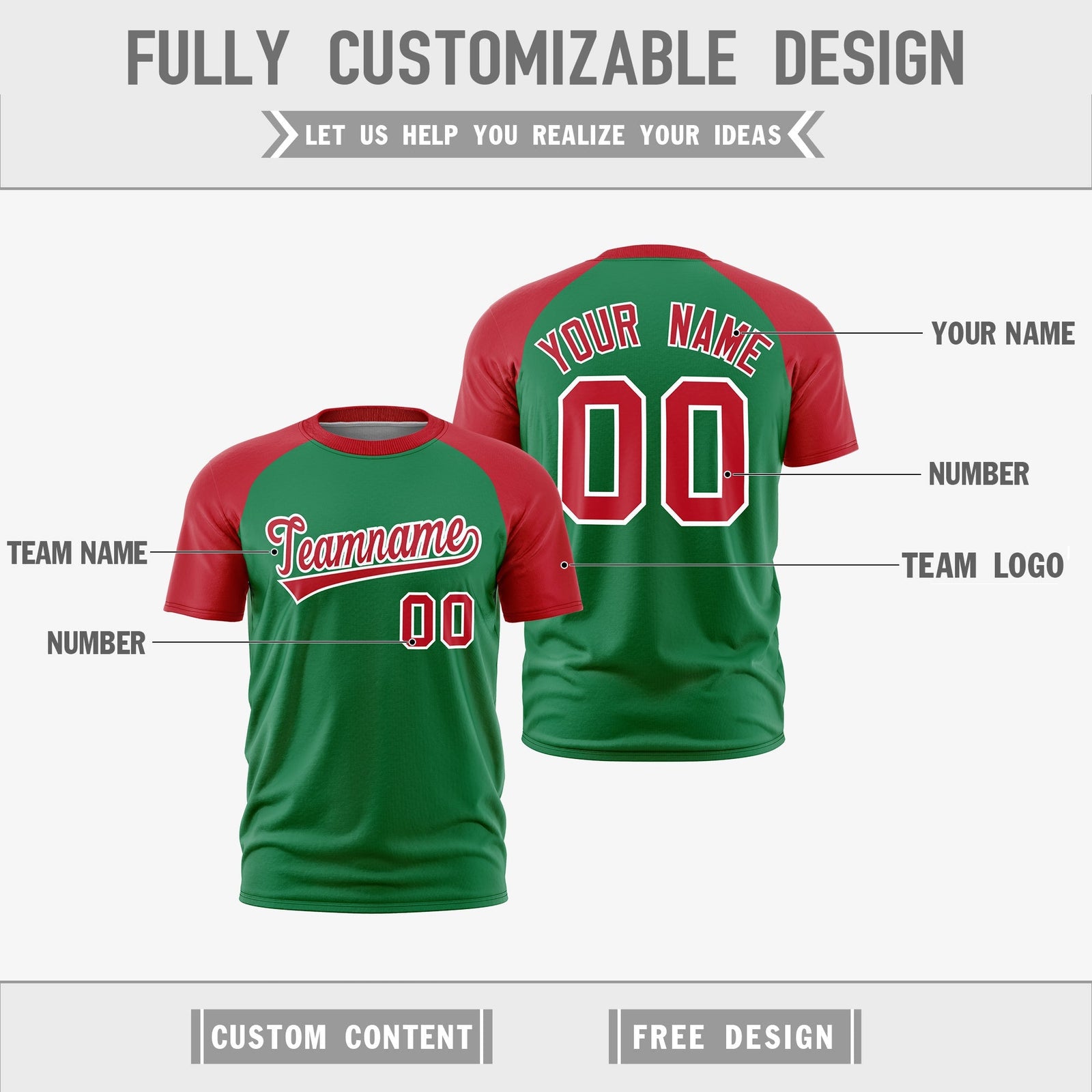 Custom Kelly Green Red White Reversible Raglan Sleeves Quick Dry T-shirt| KXKSHOP
