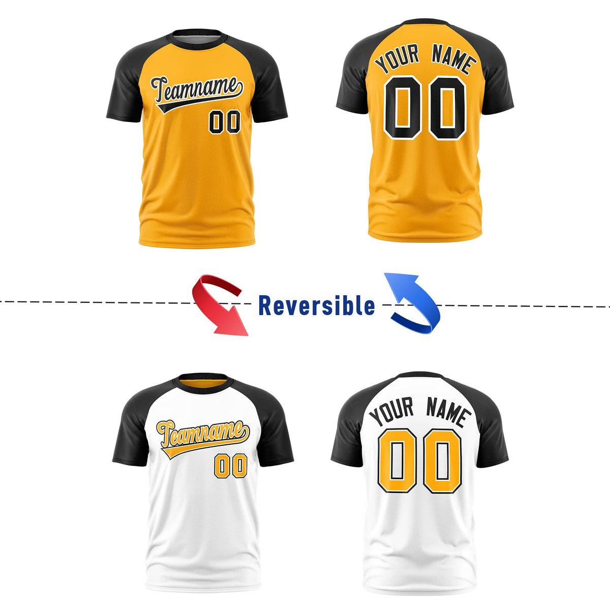 Custom Yellow Black White Reversible Raglan Sleeves Quick Dry T-shirt| KXKSHOP