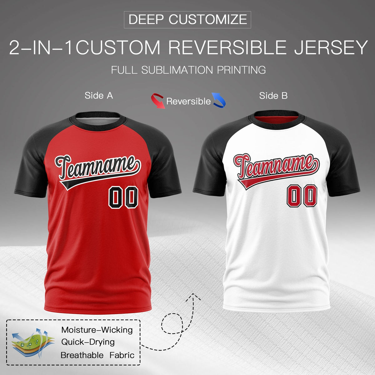 Custom Red Black White Reversible Raglan Sleeves Quick Dry T-shirt| KXKSHOP