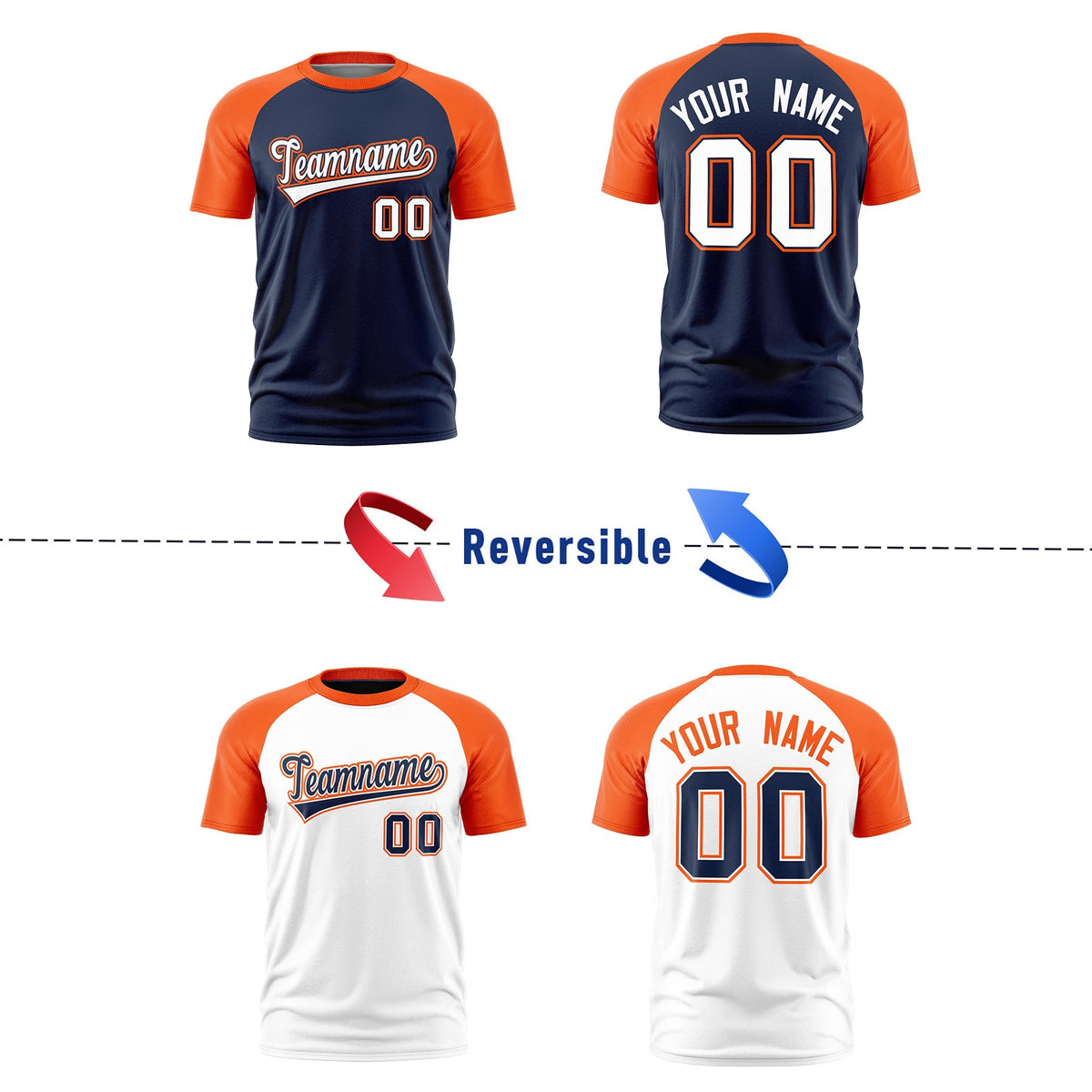 Custom Navy Orange White Reversible Raglan Sleeves Moisture-Wicking T-shirt| KXKSHOP