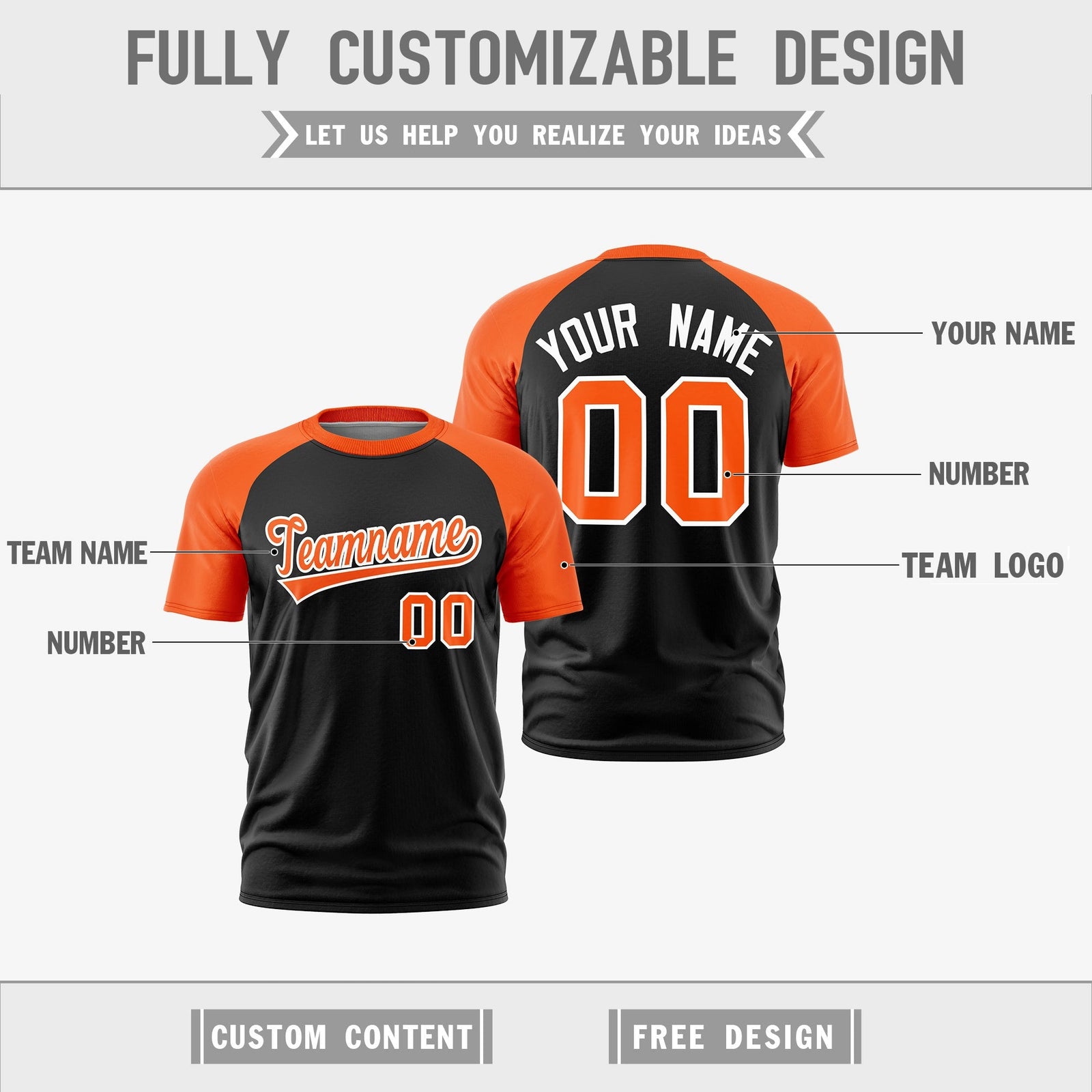 Custom Black Orange White Reversible Raglan Sleeves Quick Dry T-shirt| KXKSHOP