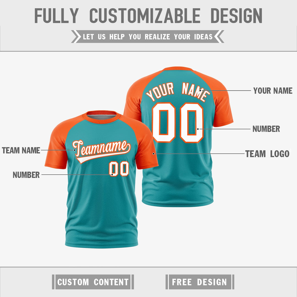 Custom Aqua Orange White Reversible Raglan Sleeves Quick Dry T-shirt| KXKSHOP
