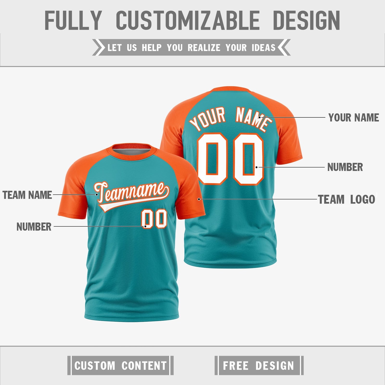 Custom Aqua Orange White Reversible Raglan Sleeves Quick Dry T-shirt| KXKSHOP
