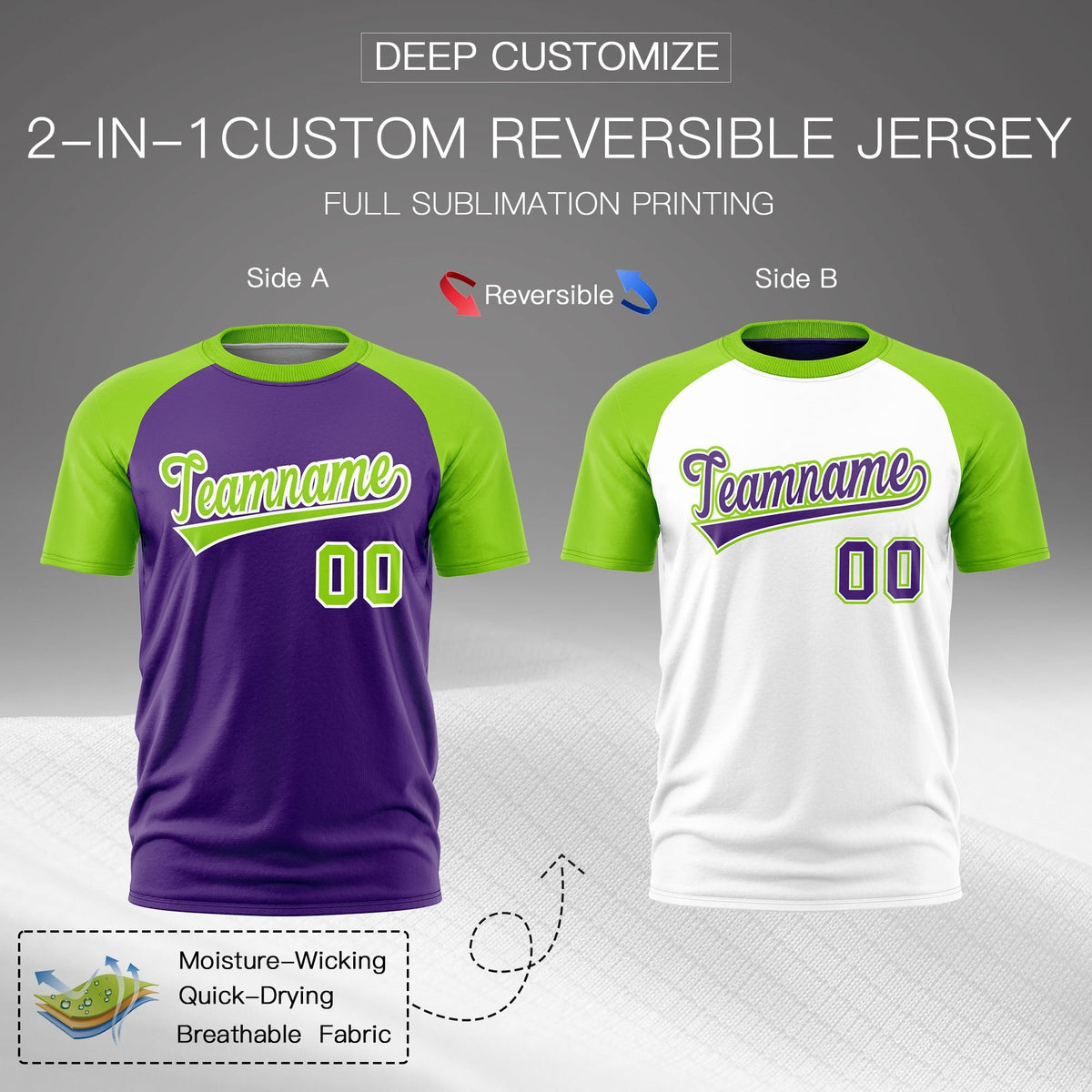 Custom Purple Neon Green White Reversible Raglan Sleeves Moisture-Wicking T-shirt| KXKSHOP