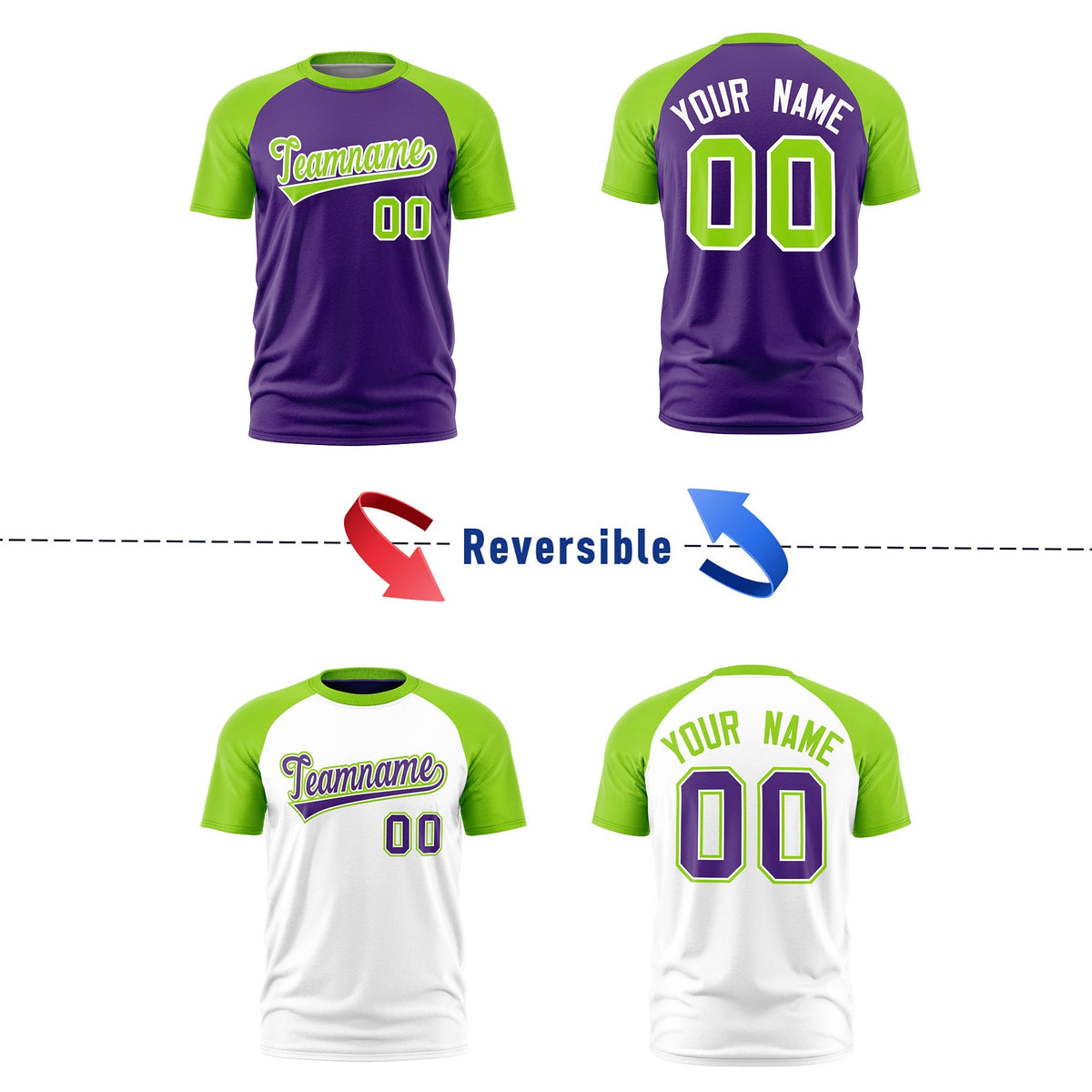 Custom Purple Neon Green White Reversible Raglan Sleeves Moisture-Wicking T-shirt| KXKSHOP