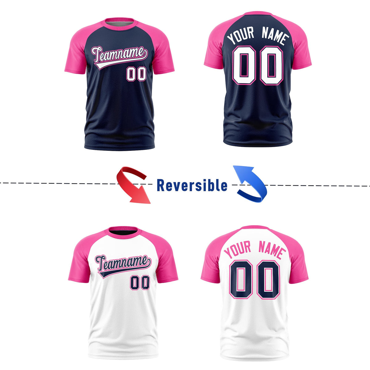 Custom White Pink Navy Reversible Raglan Sleeves Moisture-Wicking T-shirt| KXKSHOP