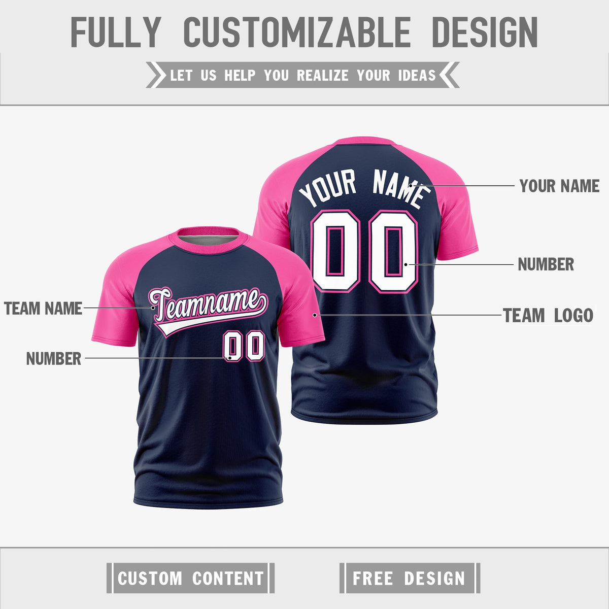Custom White Pink Navy Reversible Raglan Sleeves Moisture-Wicking T-shirt| KXKSHOP