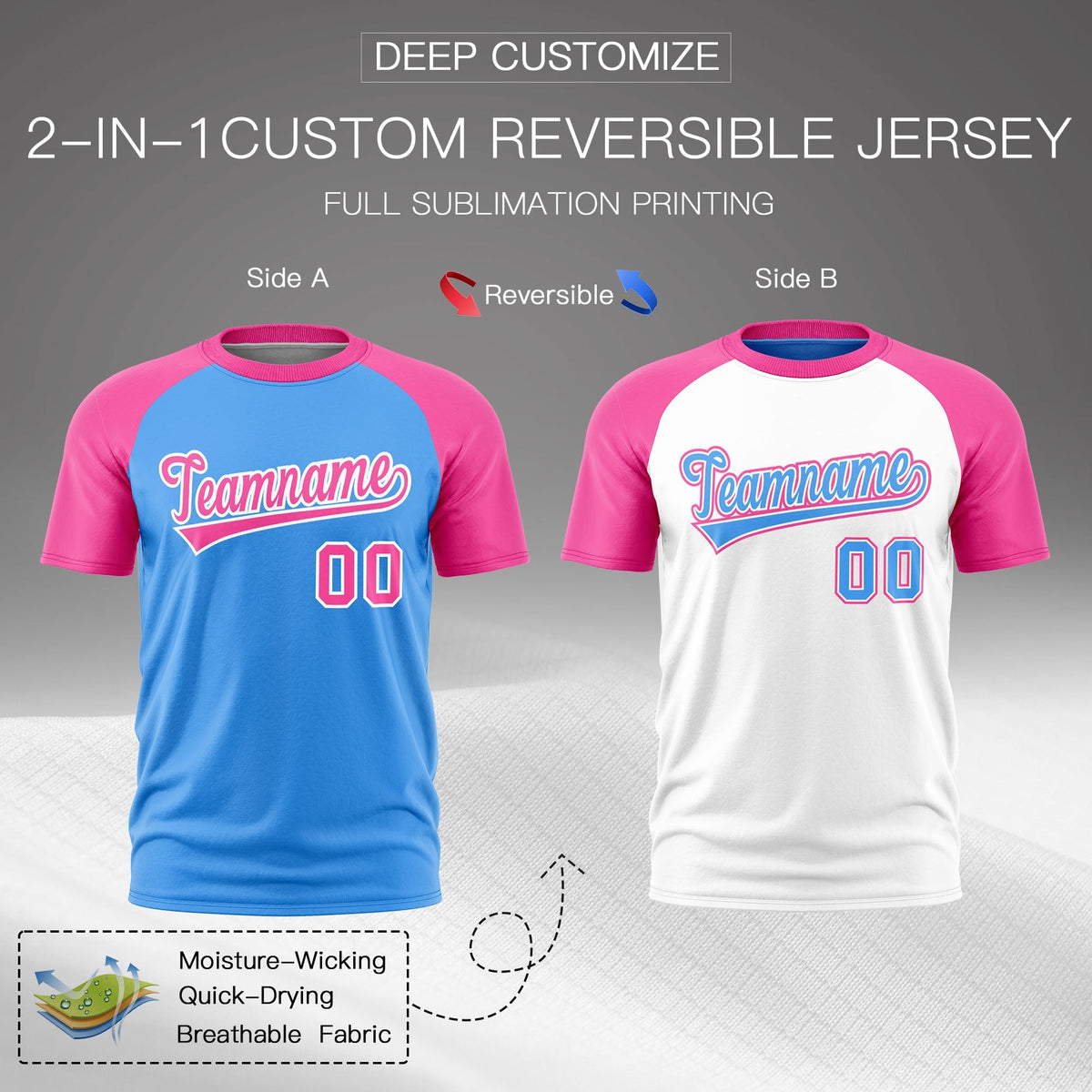 Custom Powder Blue Pink White Reversible Raglan Sleeves Quick Dry T-shirt| KXKSHOP