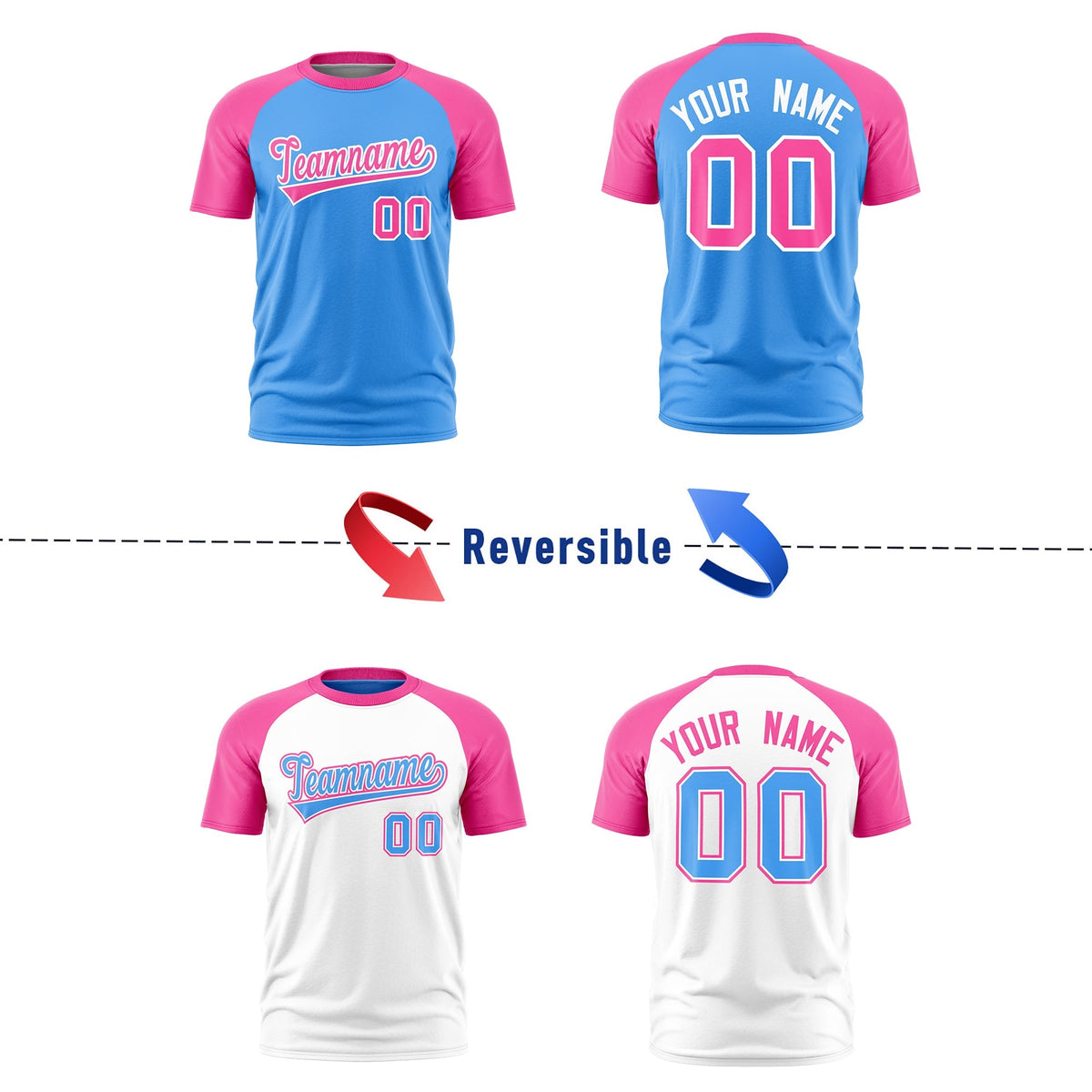 Custom Powder Blue Pink White Reversible Raglan Sleeves Quick Dry T-shirt| KXKSHOP