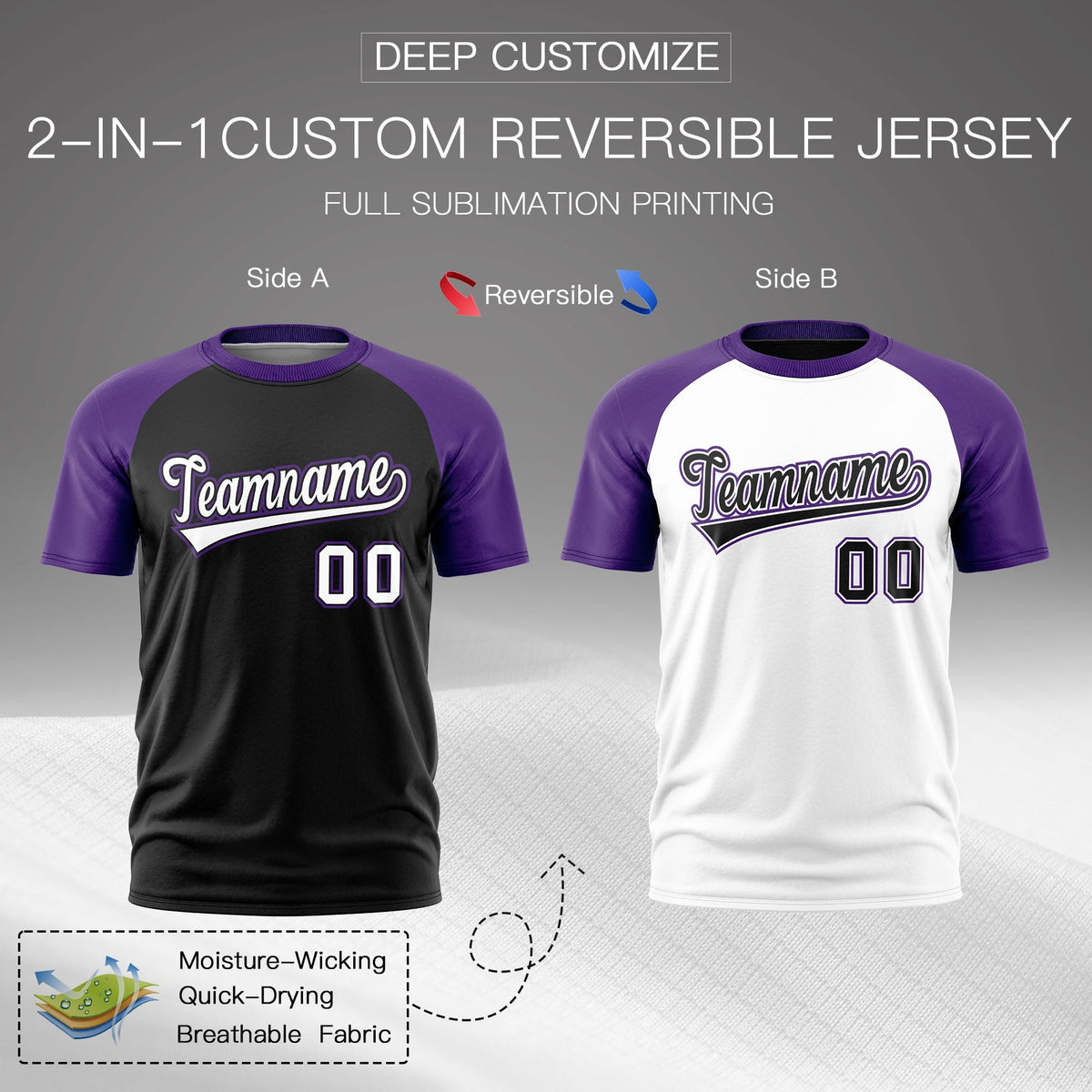 Custom Black Purple White Reversible Raglan Sleeves Moisture-Wicking T-shirt| KXKSHOP