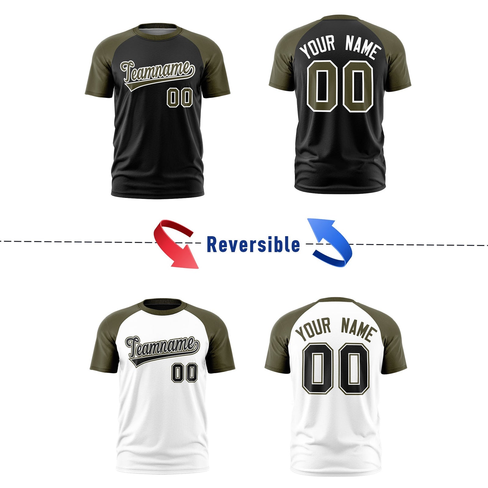 Custom Black Olive White Reversible Raglan Sleeves Quick Dry T-shirt| KXKSHOP