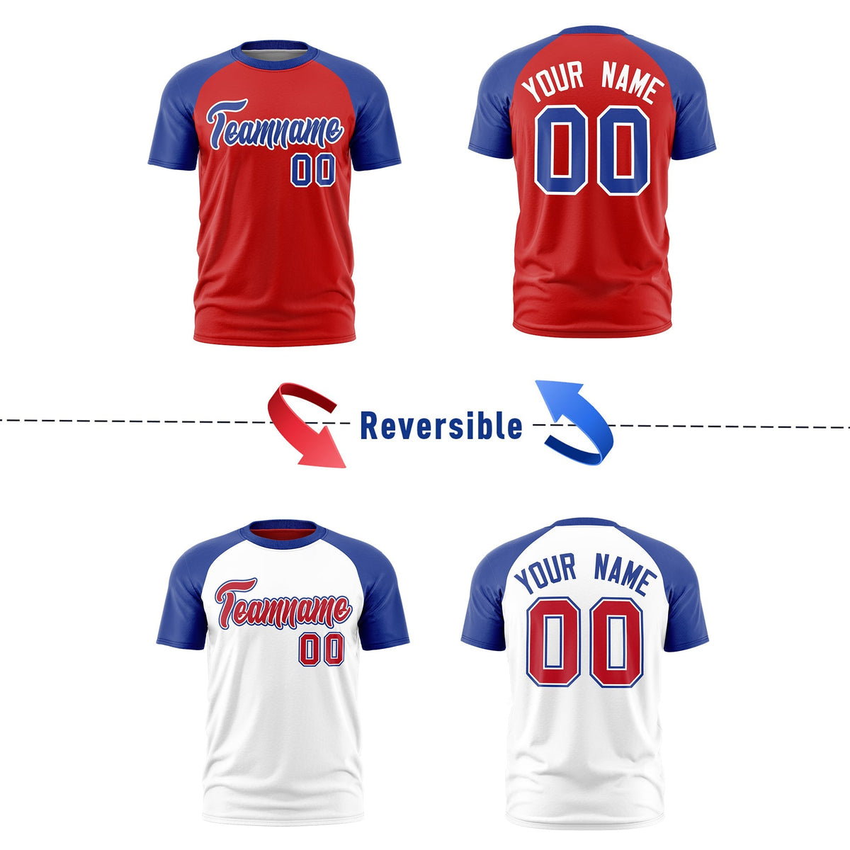 Custom Red Royal Blue White Reversible Raglan Sleeves Moisture-Wicking T-shirt| KXKSHOP
