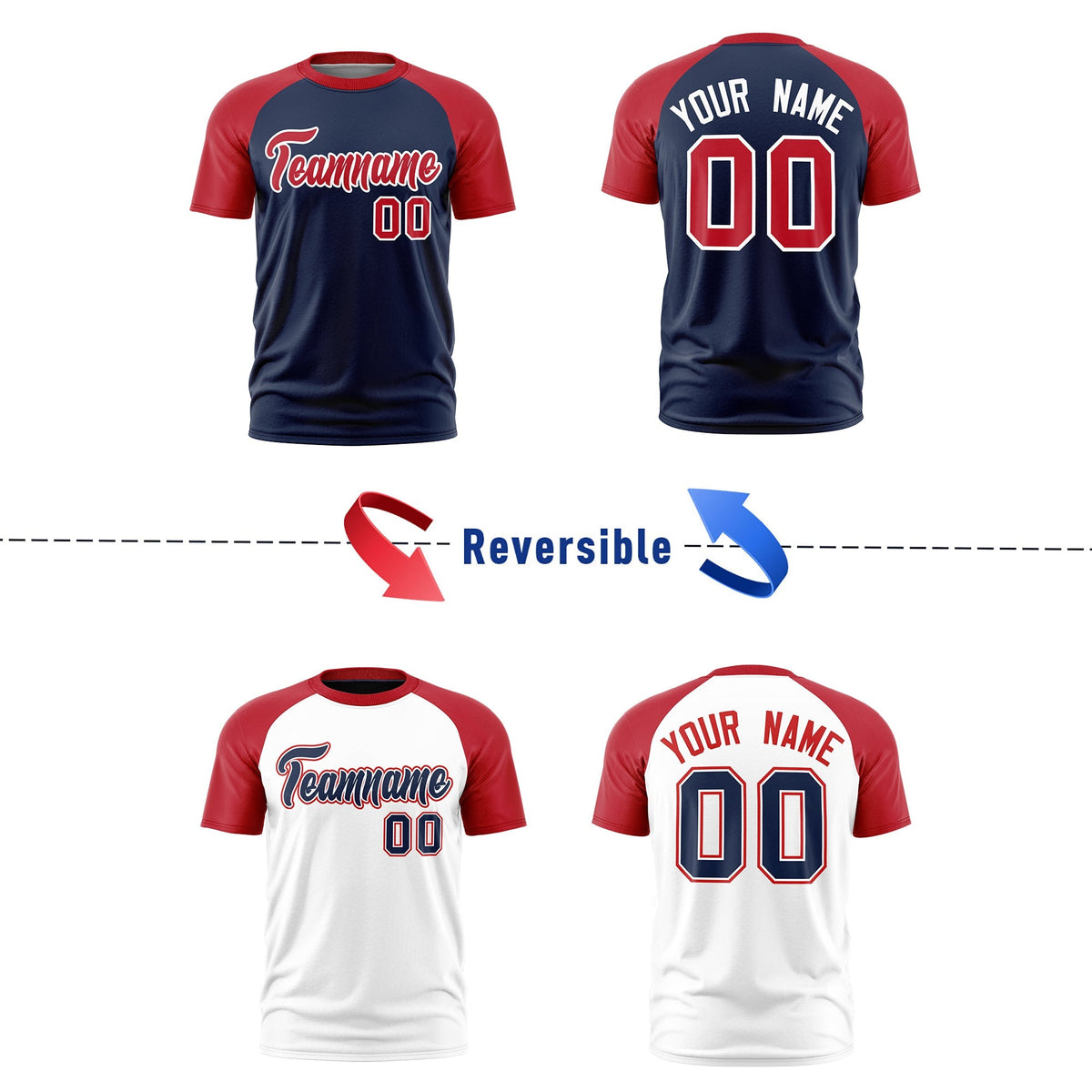 Custom Navy Red White Reversible Raglan Sleeves Moisture-Wicking T-shirt| KXKSHOP