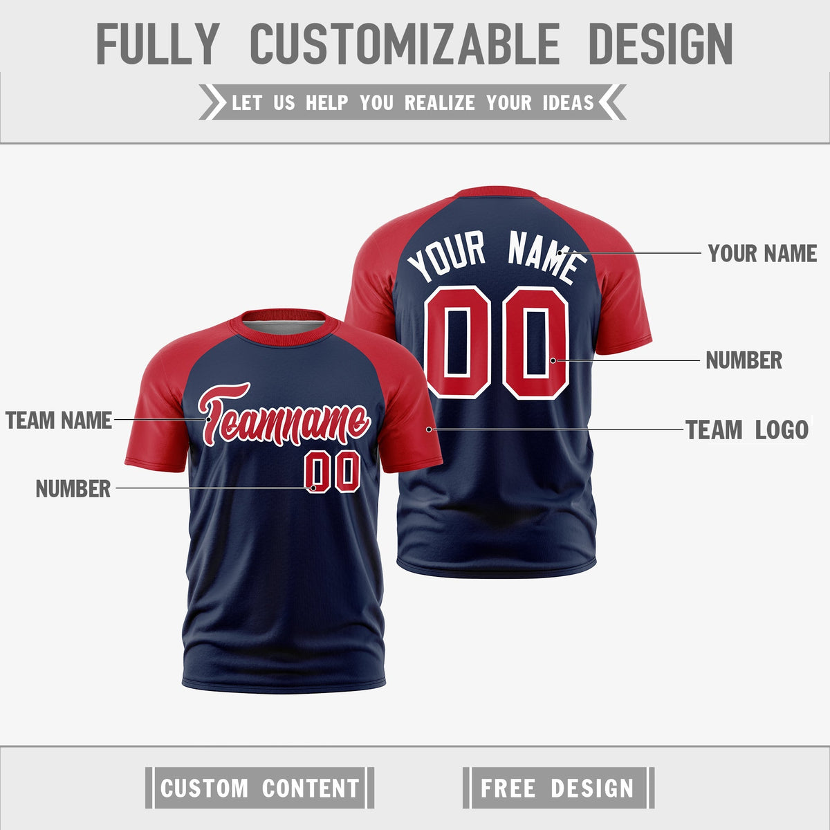 Custom Navy Red White Reversible Raglan Sleeves Moisture-Wicking T-shirt| KXKSHOP