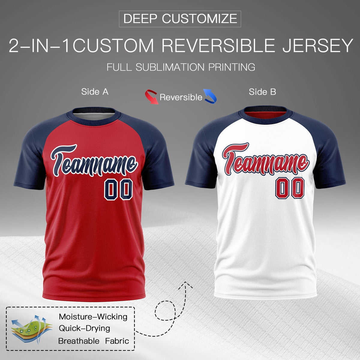 Custom Red Navy White Reversible Raglan Sleeves Quick Dry T-shirt| KXKSHOP