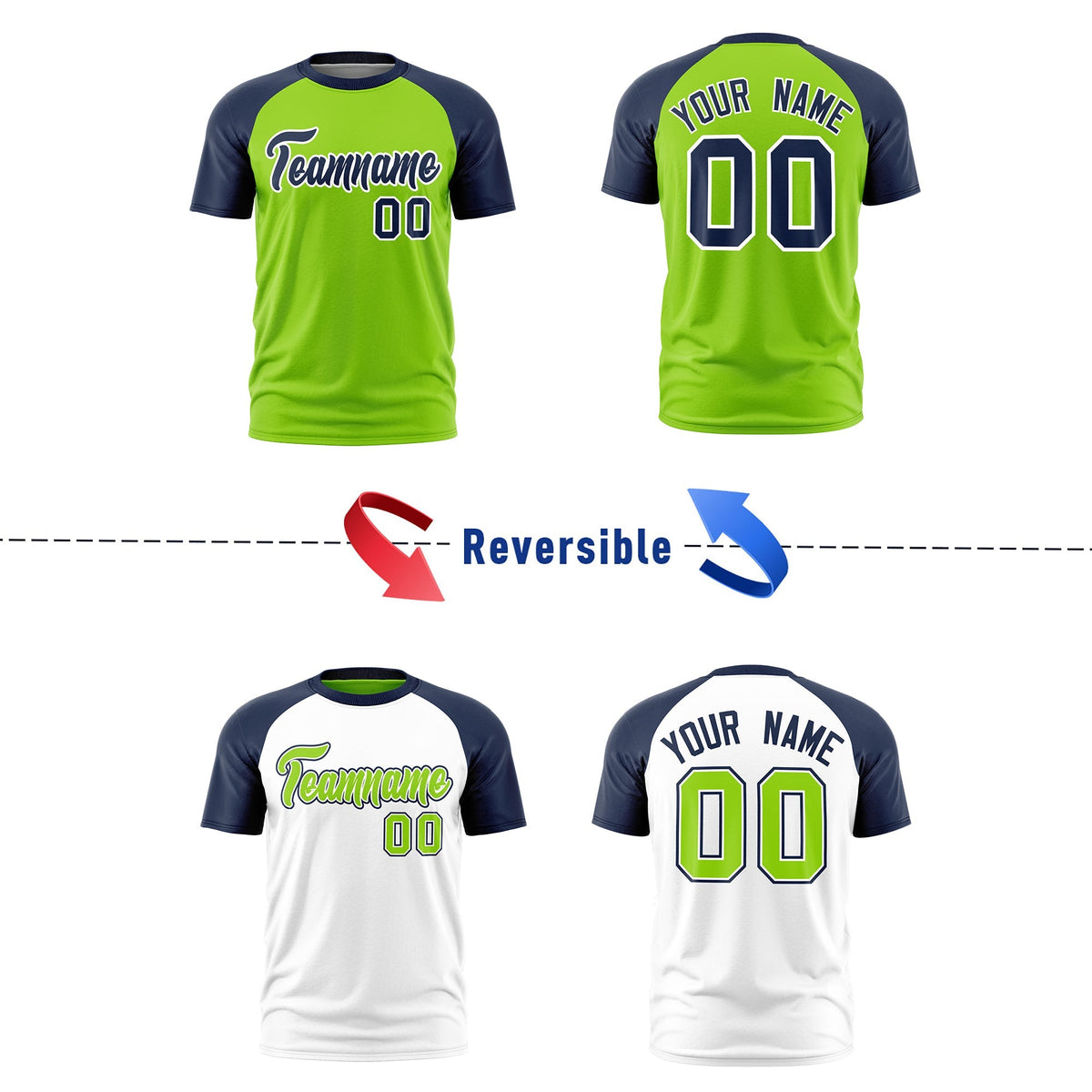 Custom Neon Green Navy White Reversible Raglan Sleeves Moisture-Wicking T-shirt| KXKSHOP