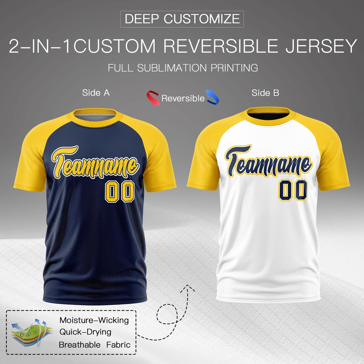 Custom Navy Gold White Reversible Raglan Sleeves Quick Dry T-shirt| KXKSHOP