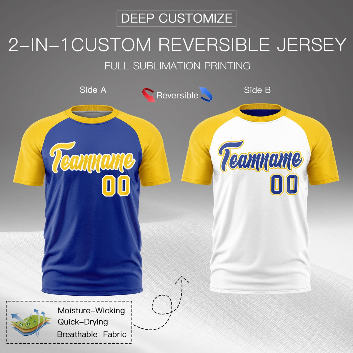 Custom Royal Blue Gold White Reversible Raglan Sleeves Quick Dry T-shirt| KXKSHOP