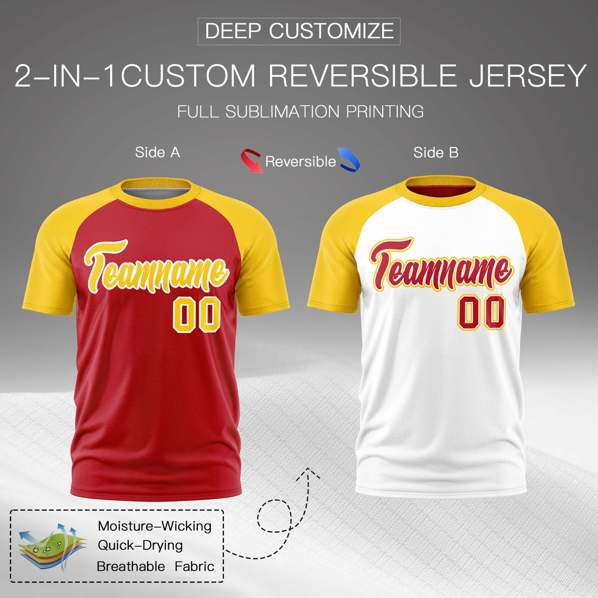 Custom Red Gold White Reversible Raglan Sleeves Moisture-Wicking T-shirt| KXKSHOP