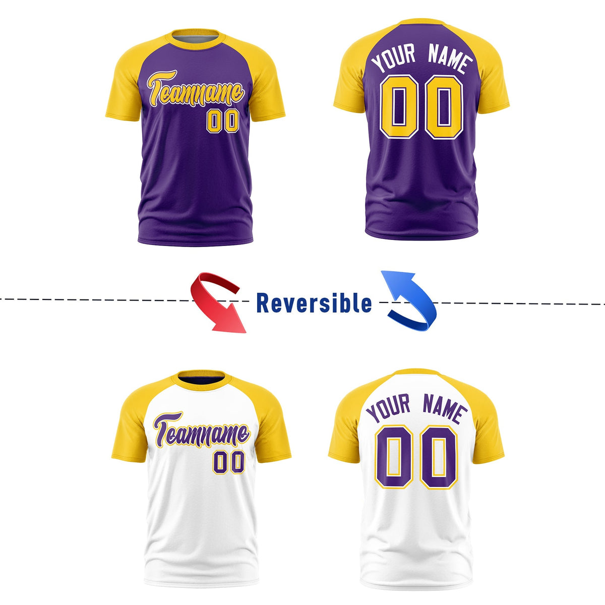 Custom Purple Gold White Reversible Raglan Sleeves Quick Dry T-shirt| KXKSHOP