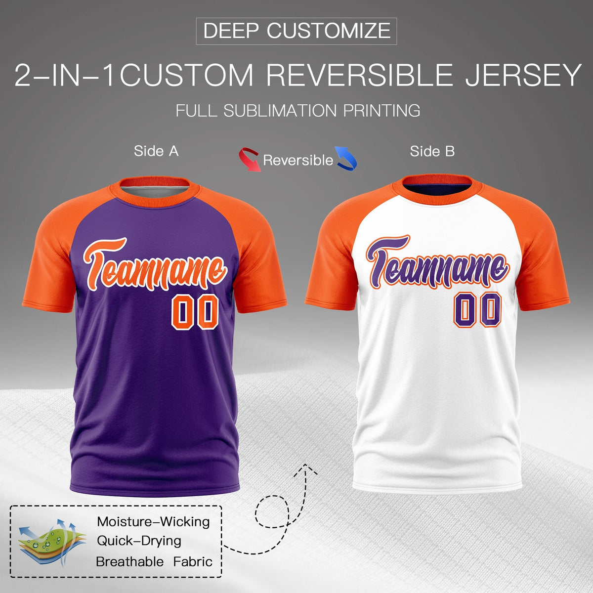 Custom Purple Orange White Reversible Raglan Sleeves Moisture-Wicking T-shirt| KXKSHOP