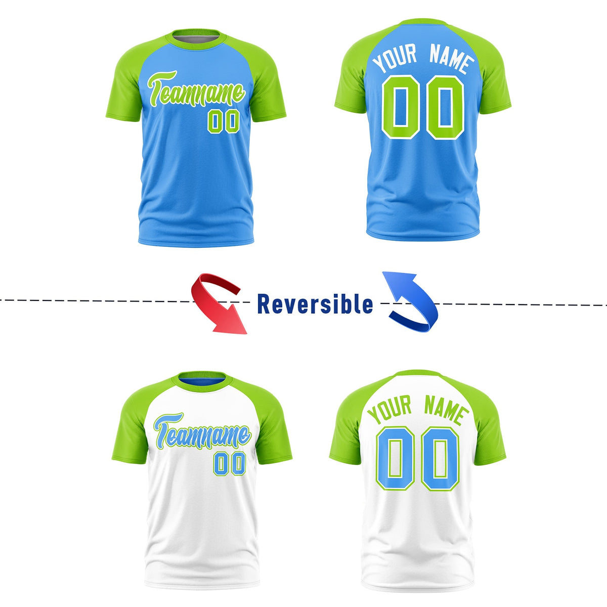 Custom Powder Blue Neon Green White Reversible Raglan Sleeves Quick Dry T-shirt| KXKSHOP