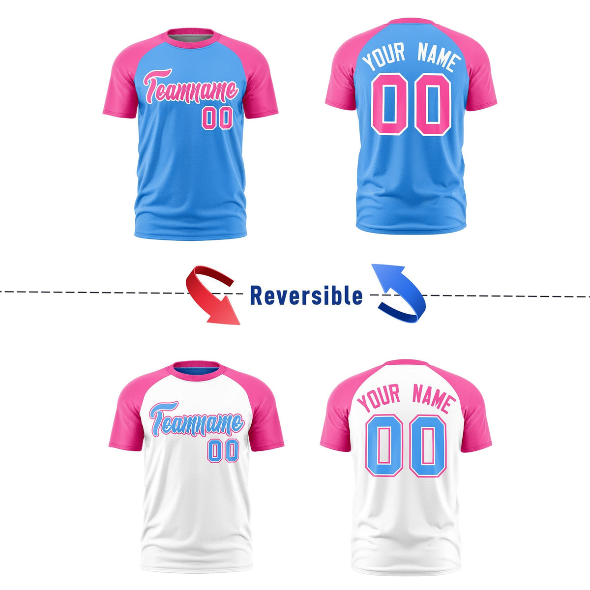 Custom Powder Blue Pink White Reversible Raglan Sleeves Quick Dry T-shirt| KXKSHOP