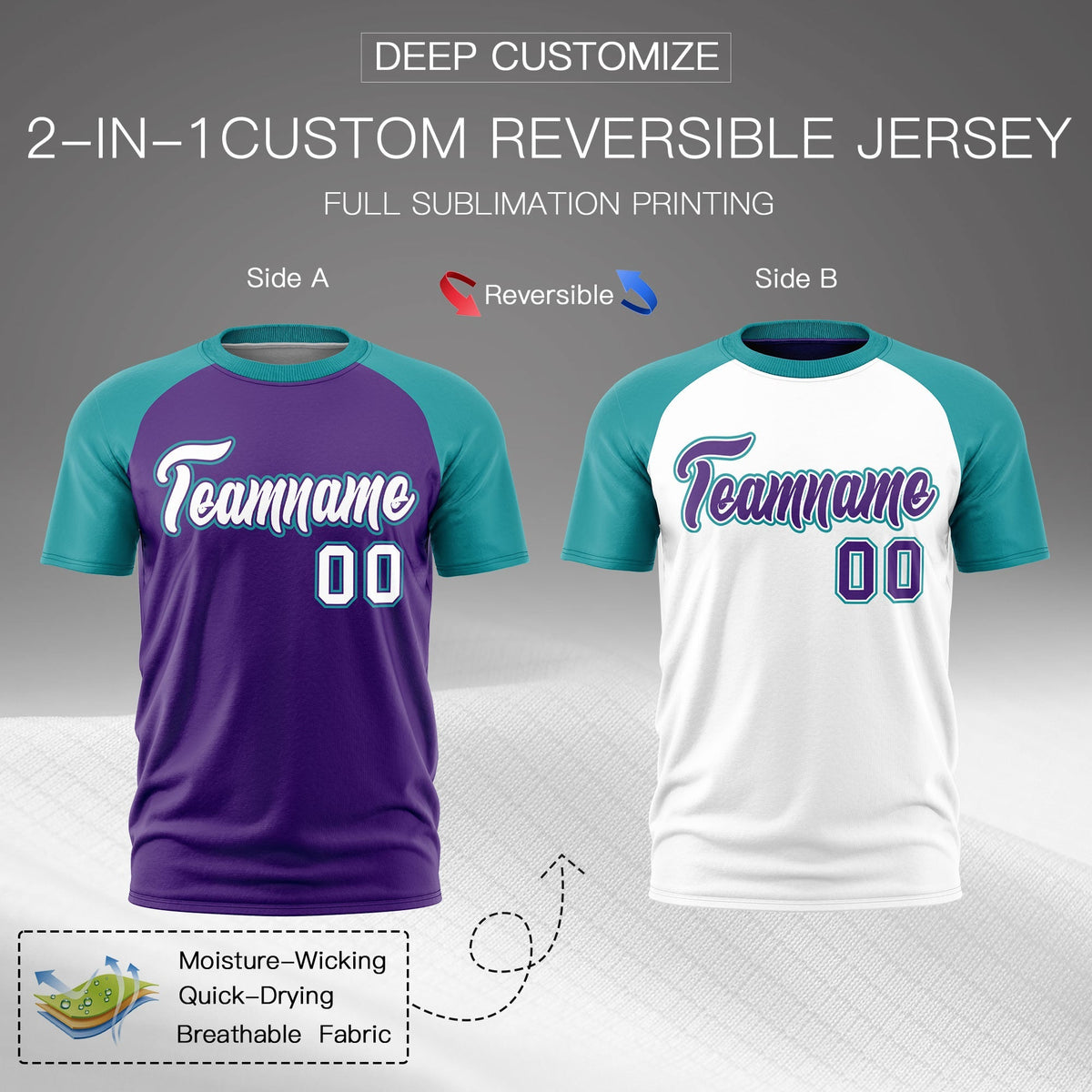 Custom Purple Teal White Reversible Raglan Sleeves Quick Dry T-shirt| KXKSHOP