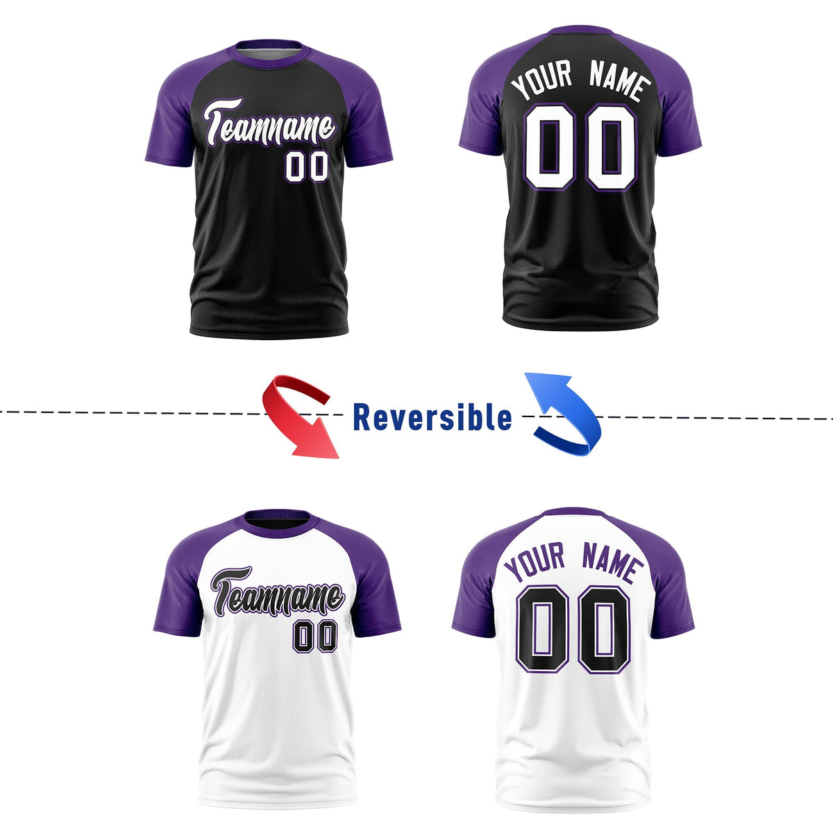 Custom Black Purple White Reversible Raglan Sleeves Moisture-Wicking T-shirt| KXKSHOP