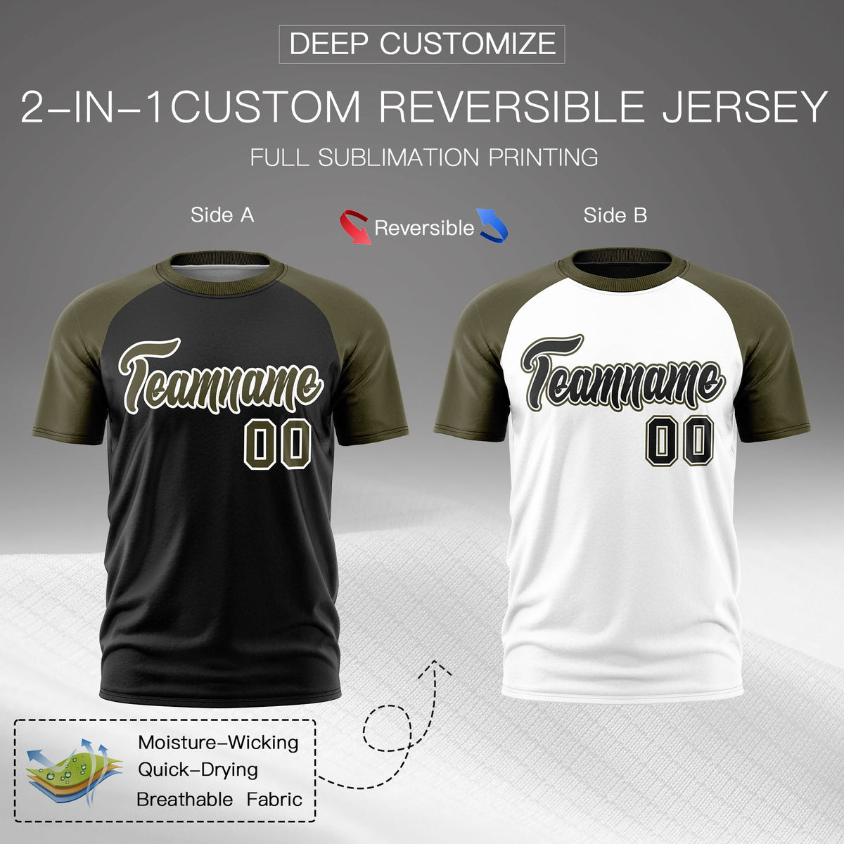 Custom Black Olive White Reversible Raglan Sleeves Quick Dry T-shirt| KXKSHOP