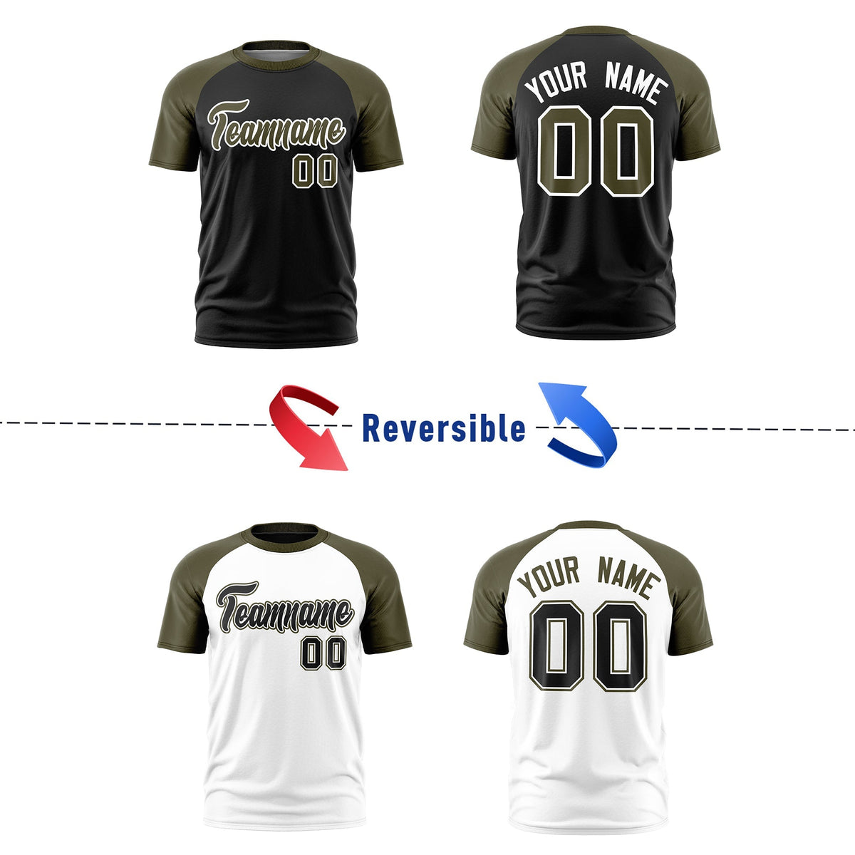 Custom Black Olive White Reversible Raglan Sleeves Quick Dry T-shirt| KXKSHOP