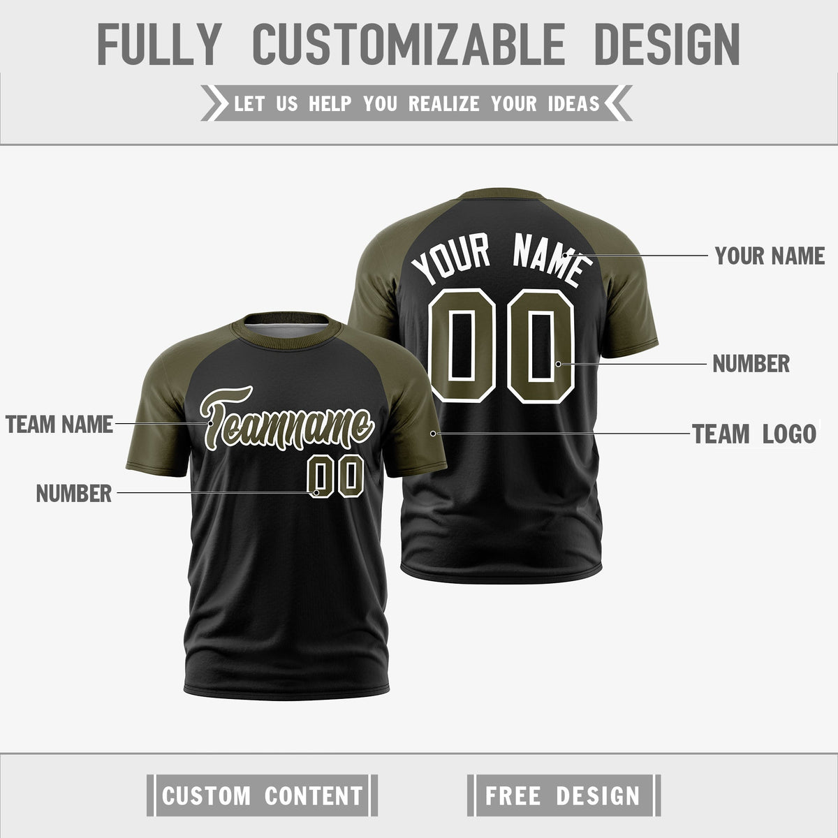 Custom Black Olive White Reversible Raglan Sleeves Quick Dry T-shirt| KXKSHOP