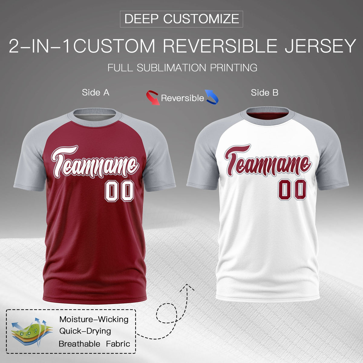 Custom Crimson Silver White Reversible Raglan Sleeves Moisture-Wicking T-shirt| KXKSHOP