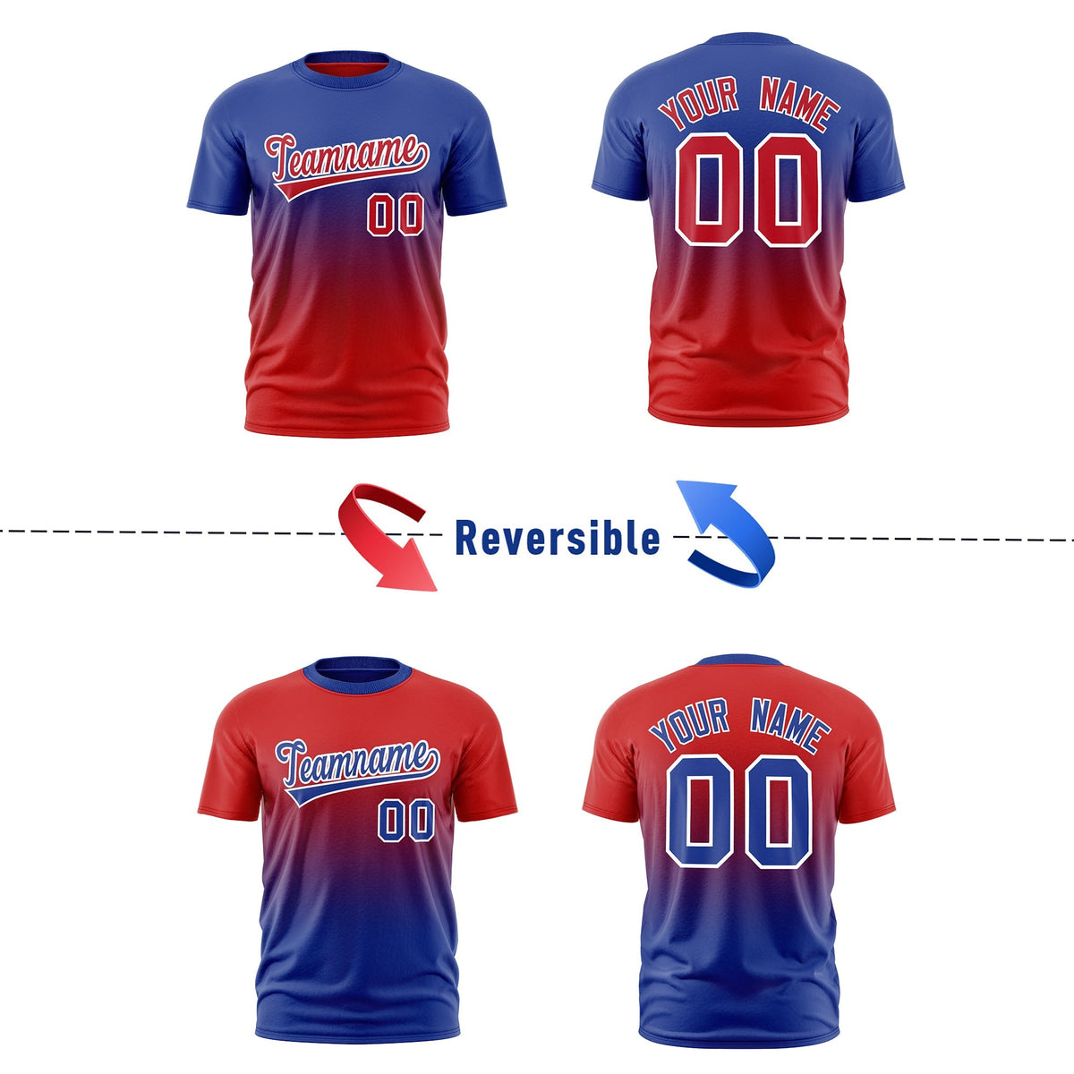Custom Red Royal Blue Gradient Fashion Reversible Lightweight T-shirt| KXKSHOP
