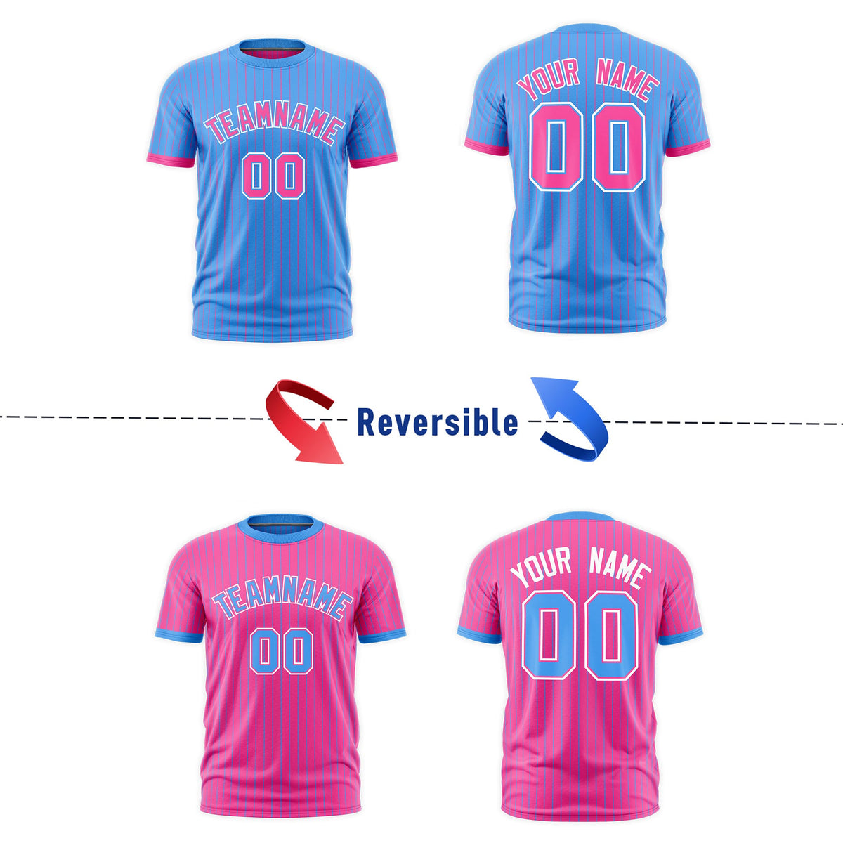 Custom Pink Powder Blue White Reversible Stripe Fashion T-shirt| KXKSHOP