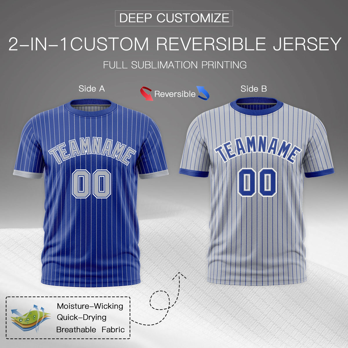 Custom Silver Royal Blue White Reversible Stripe Fashion T-shirt| KXKSHOP