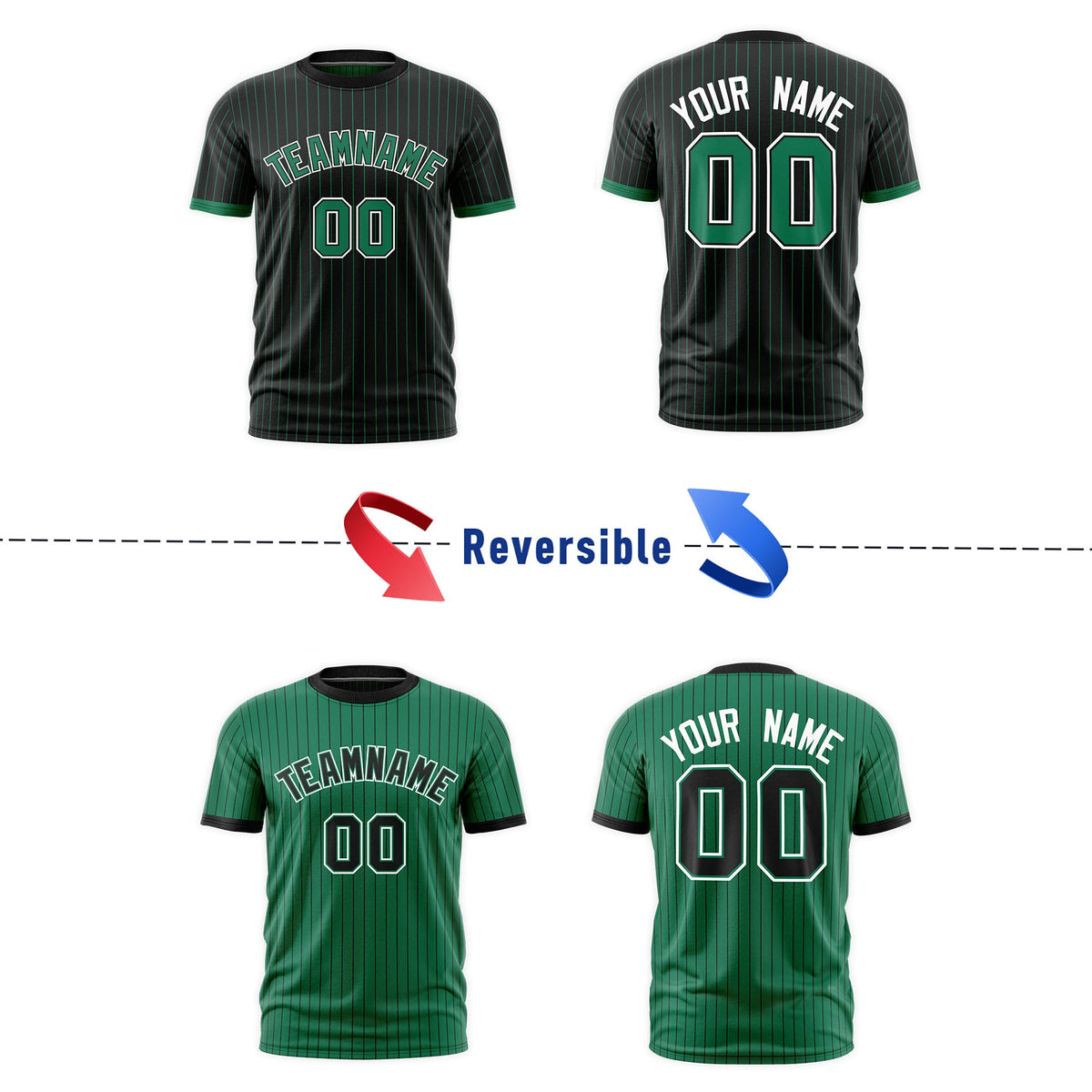Custom Kelly Green Black White Reversible Stripe Fashion T-shirt| KXKSHOP