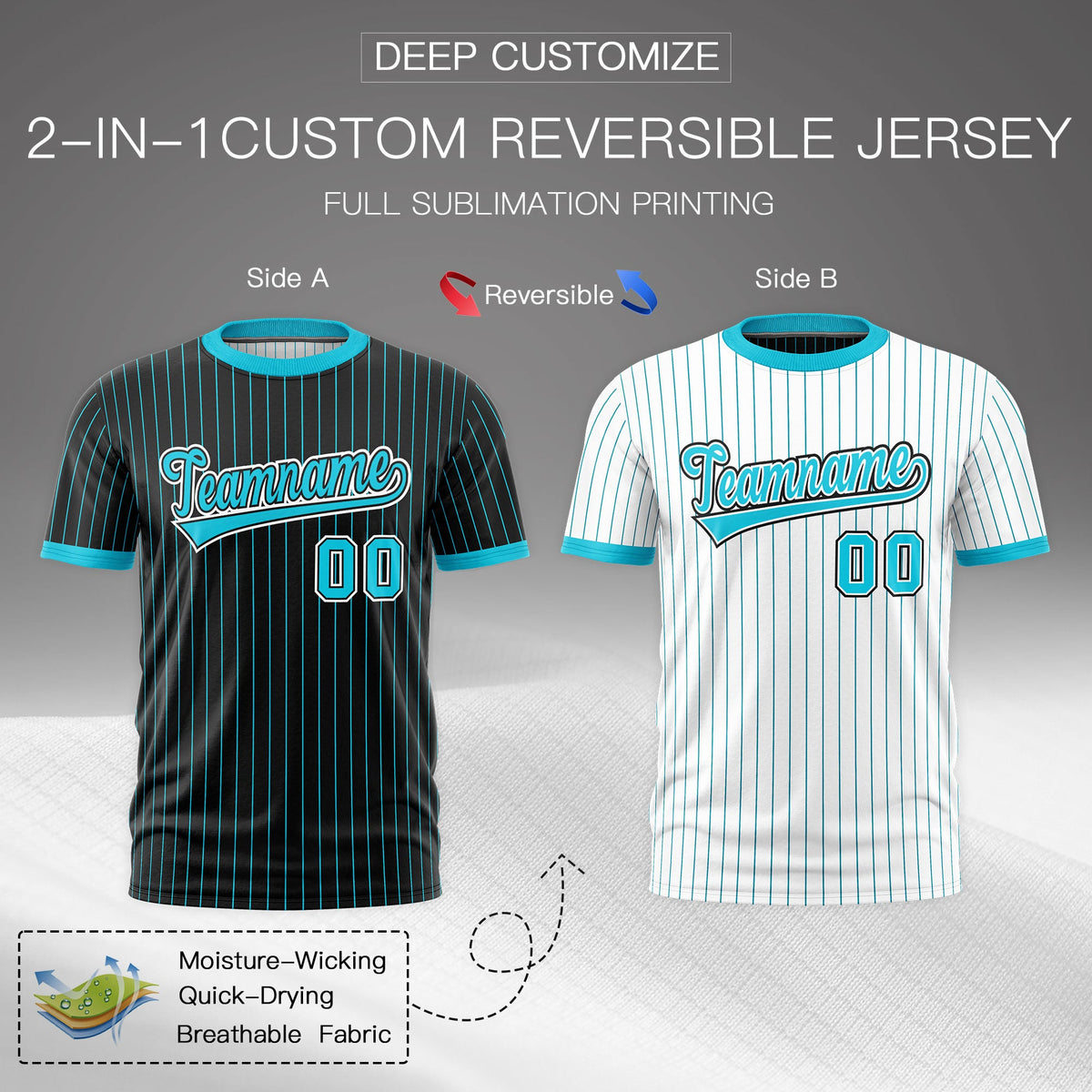 Custom Sky Blue Black White Reversible Stripe Fashion T-shirt| KXKSHOP