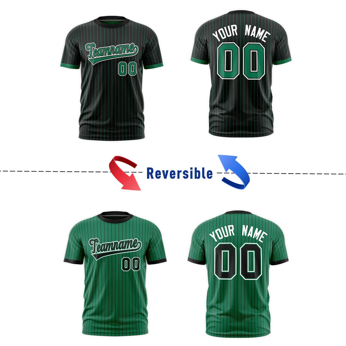Custom Kelly Green Black White Reversible Stripe Fashion T-shirt| KXKSHOP