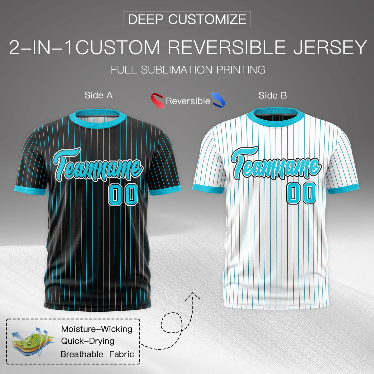 Custom Sky Blue Black White Reversible Stripe Fashion T-shirt| KXKSHOP