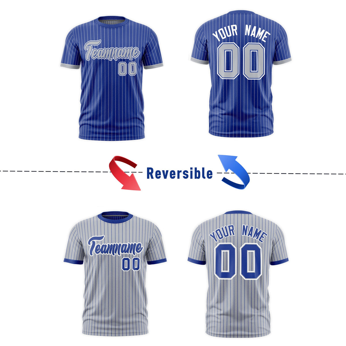 Custom Silver Royal Blue White Reversible Stripe Fashion T-shirt| KXKSHOP