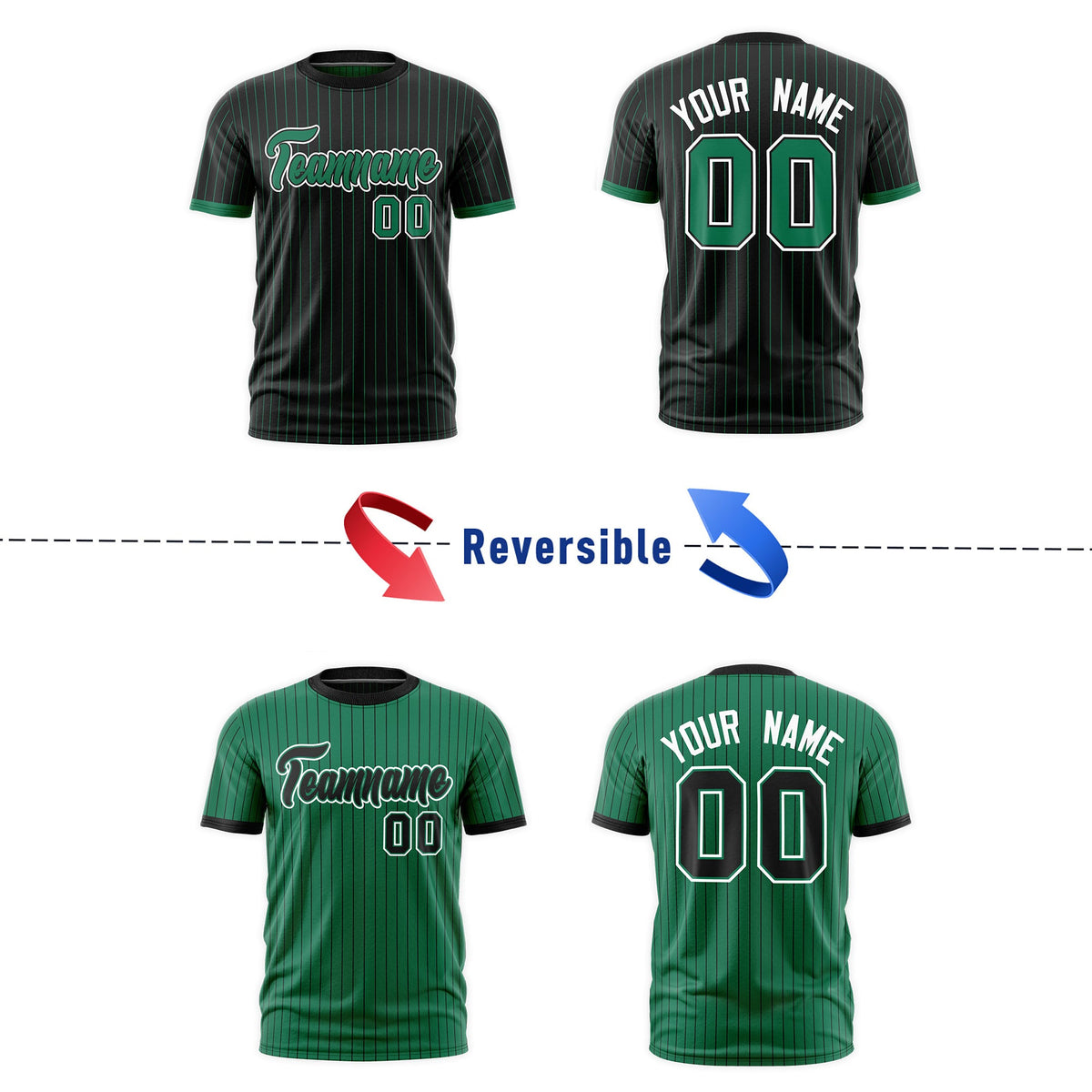 Custom Kelly Green Black White Reversible Stripe Fashion T-shirt| KXKSHOP