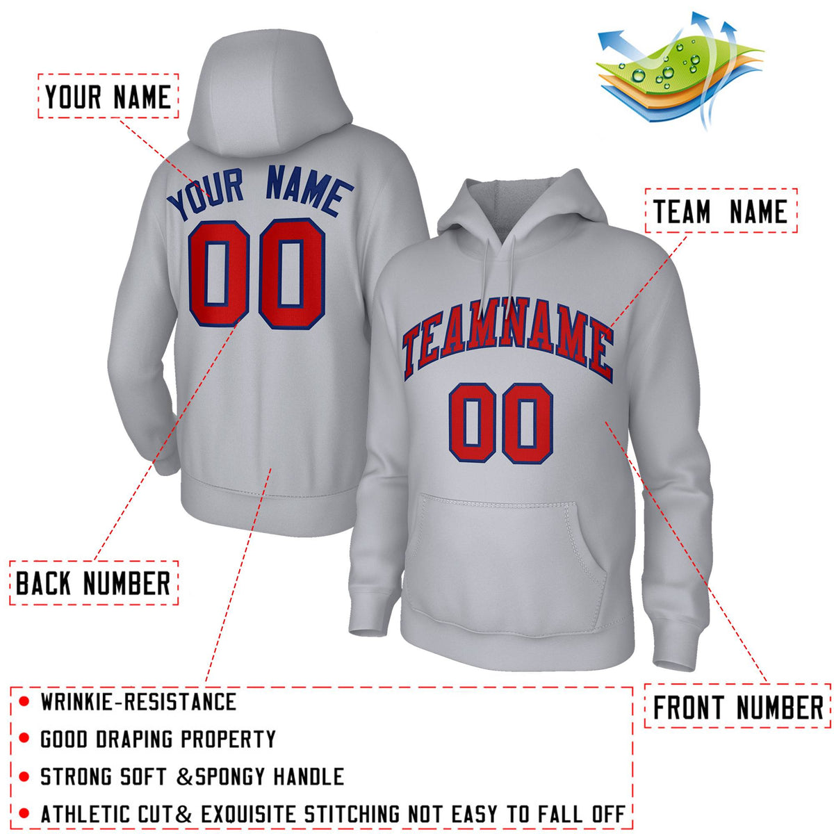 Custom Gray Red-Navy Classic Style Pullover Fashion Hoodie Uniform