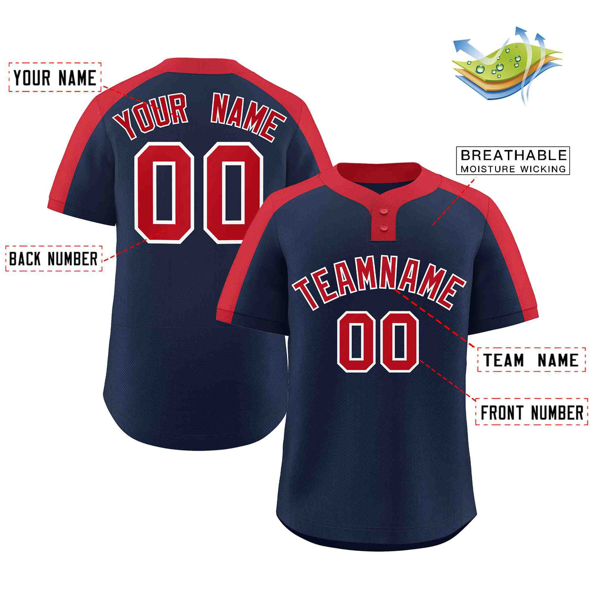 Custom Navy Red-White Classic Style Authentic Two-Button Baseball Jersey