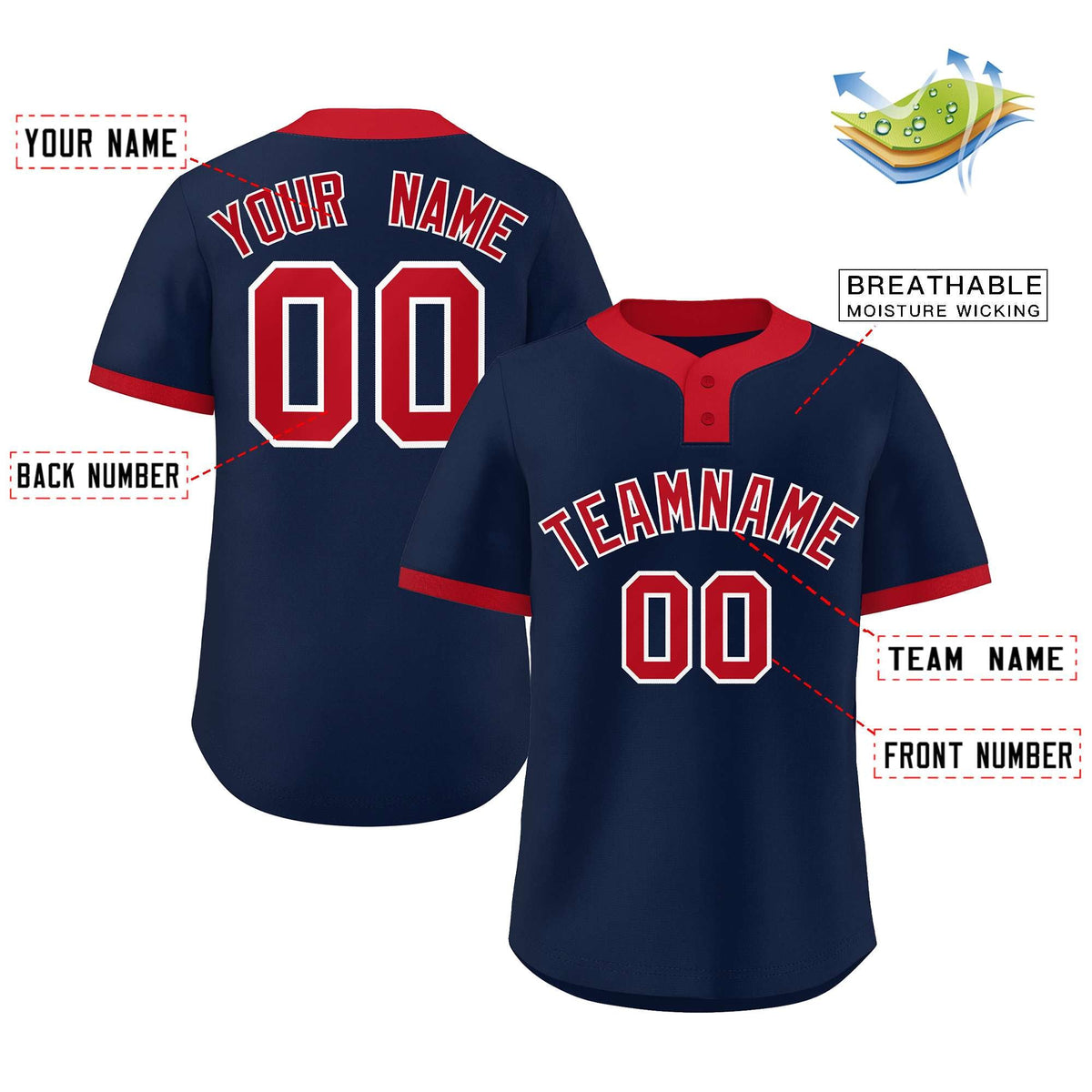 Custom Navy Red Classic Style Authentic Two-Button Baseball Jersey