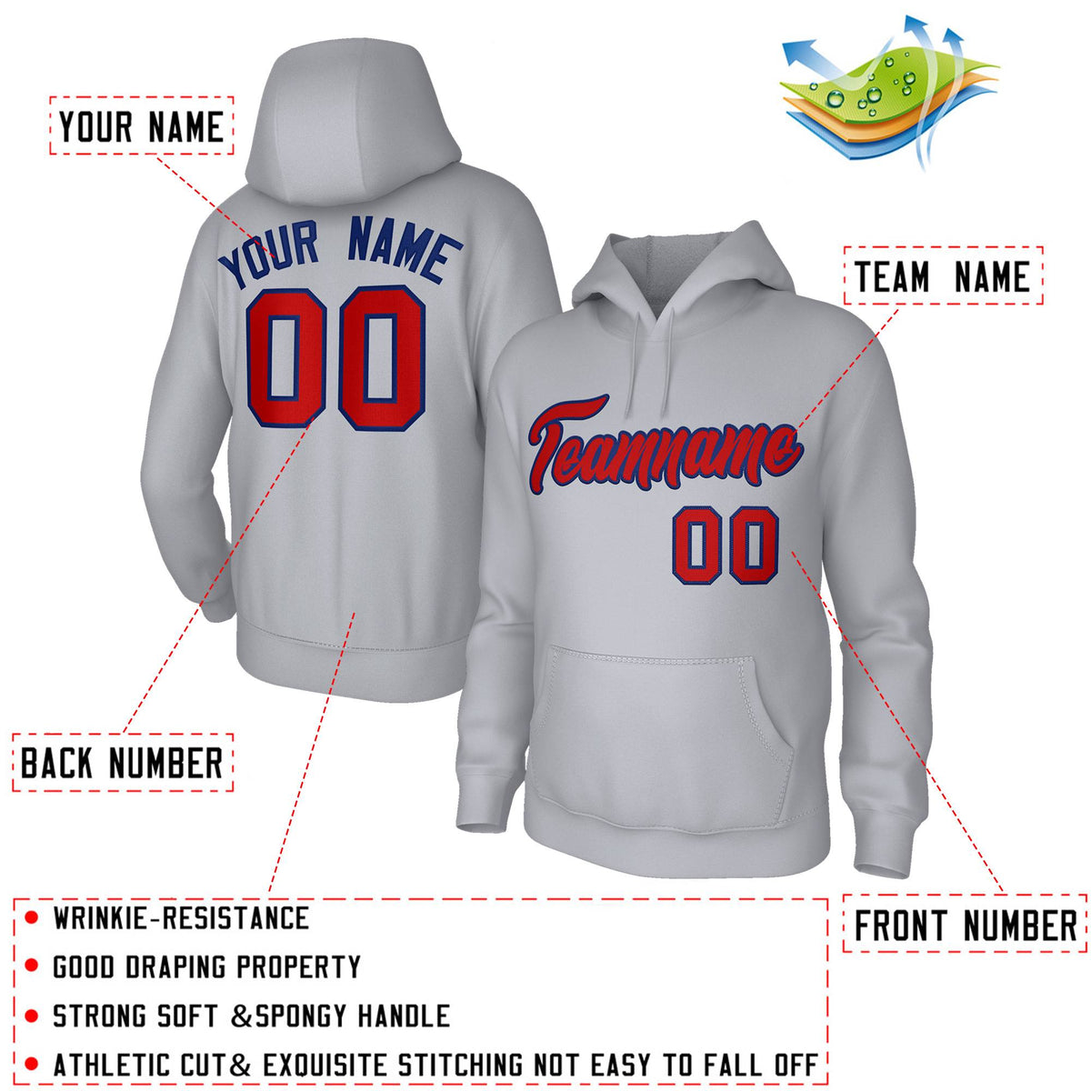 Custom Stitched Gray Red-Royal Classic Style Sweatshirt Pullover Hoodie
