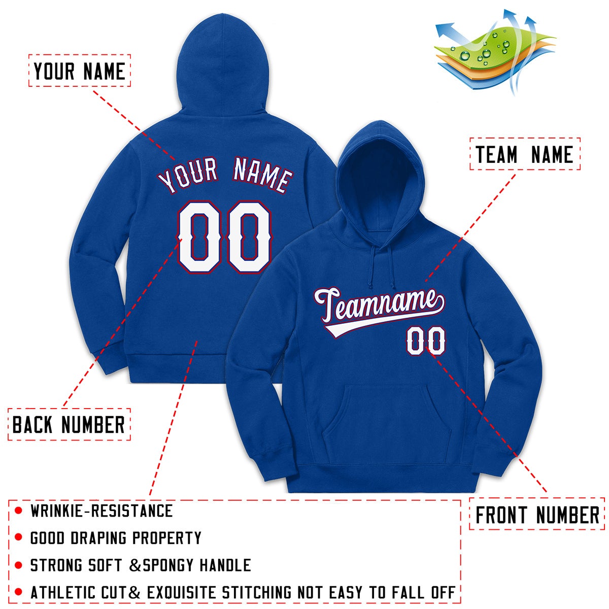 Custom Royal White-Red Classic Style Pullover Fashion Hoodie Uniform
