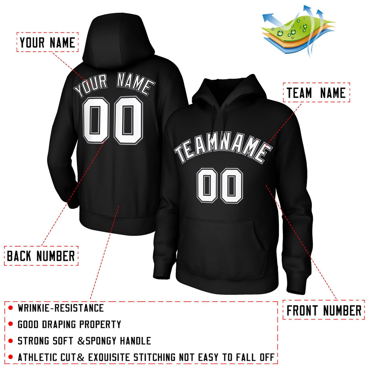 Custom Stitched Black White-Gray Classic Style Sweatshirt Pullover Hoodie