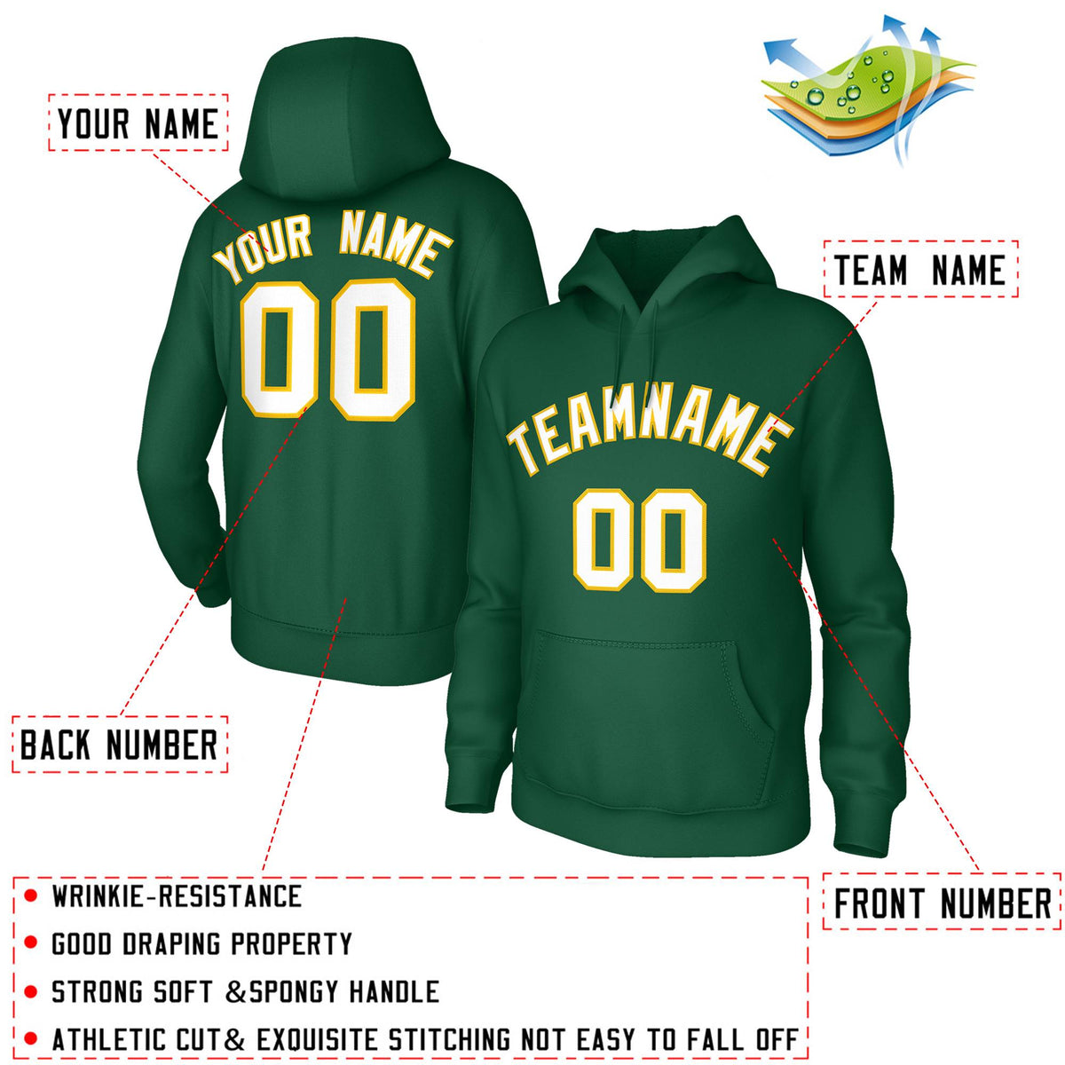 Custom Stitched Green White-Yellow Classic Style Sweatshirt Pullover Hoodie